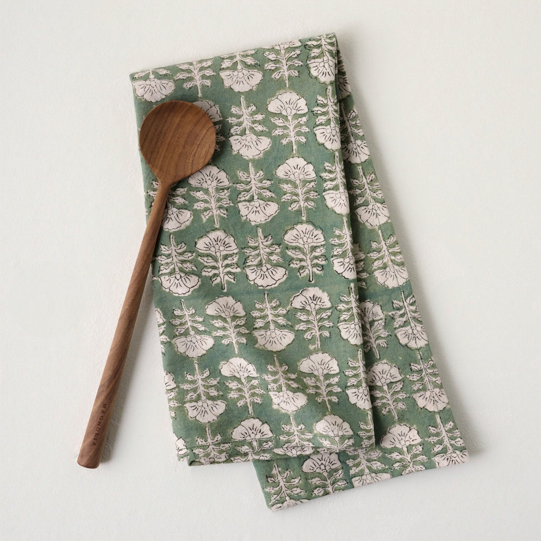 Flora Dusty Green Printed Tea Towel
